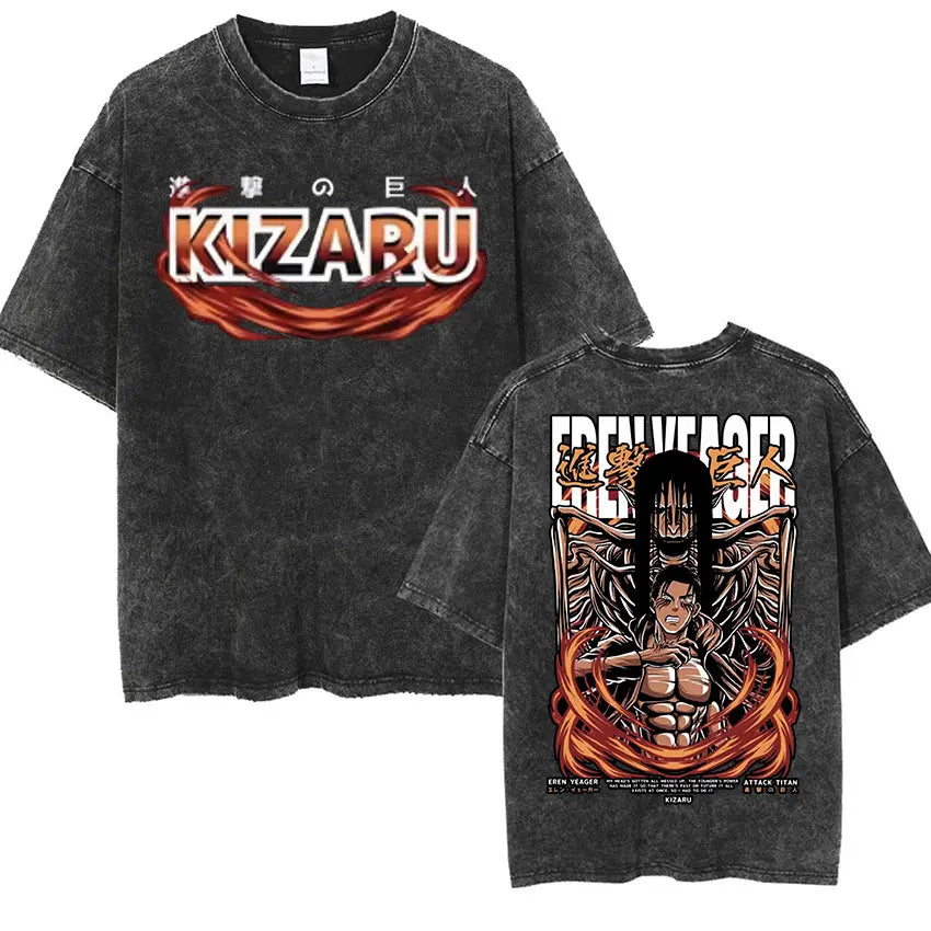 Anime Attack on Titan Vintage Washed Print T-shirt Mikasa Ackerman Eren Jaeger Wings of Freedom Logo Mens Summer Cotton T-shirts