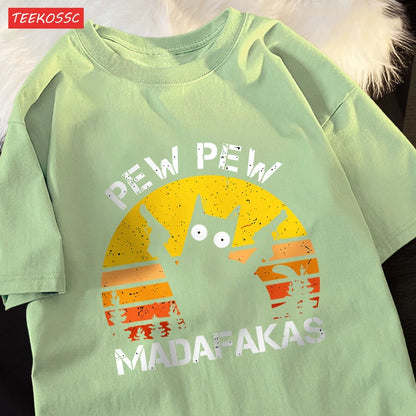 Pew Pew Madafakas Cat With Two Guns T-Shirts Man Street Summer Short Sleeve Harajuku Cotton Tshirt Oversized Breathable Tops