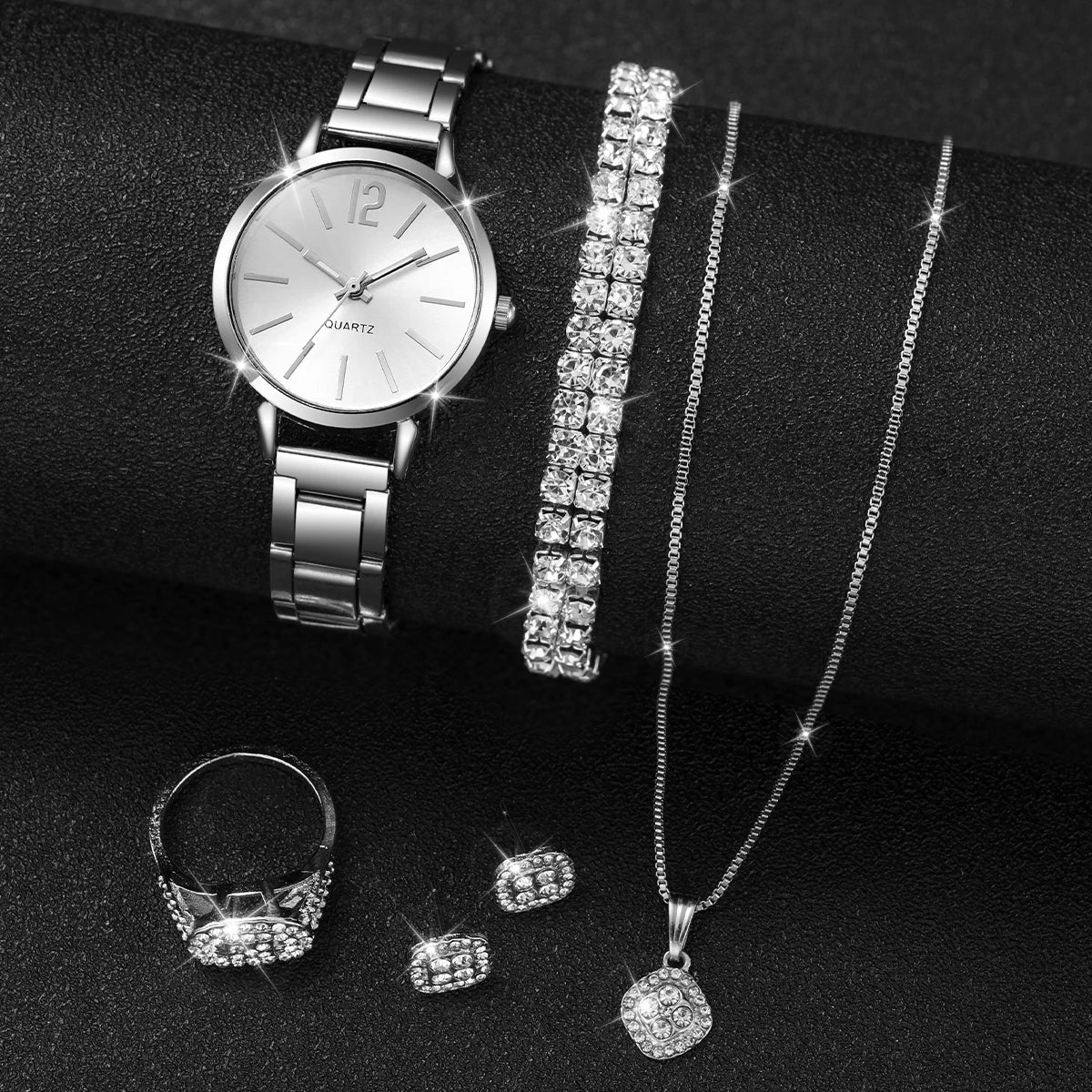 6PCS/Set Fashion Women's Quartz Watch Stainless Steel Band Wrist Watches Diamond Jewelry Set(Without Box)