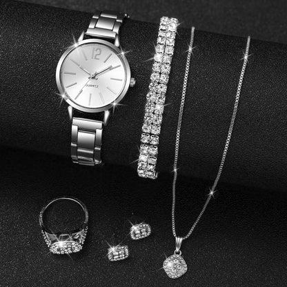 6PCS/Set Fashion Women's Quartz Watch Stainless Steel Band Wrist Watches Diamond Jewelry Set(Without Box)