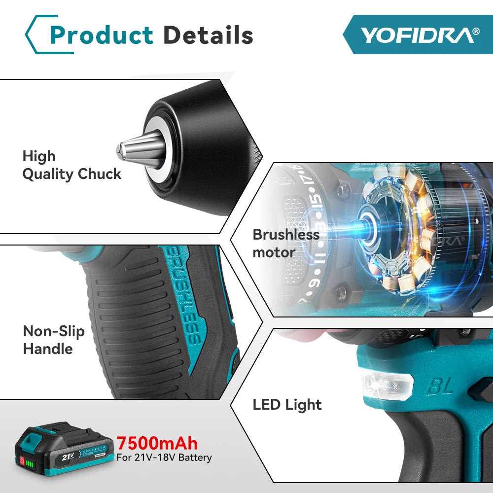 YOFIDRA 2 In 1 Brushless Electric Screwdriver Handheld Hexagonal Drill Screw Driver Home Power Tool Set For Makita Battery Pin