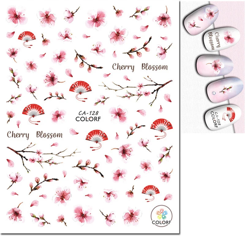 3d Nail Art Decals Watercolor Florals Purple Green Pink Flowers Leafs Fruit Adhesive Sliders Nail Stickers For Manicure