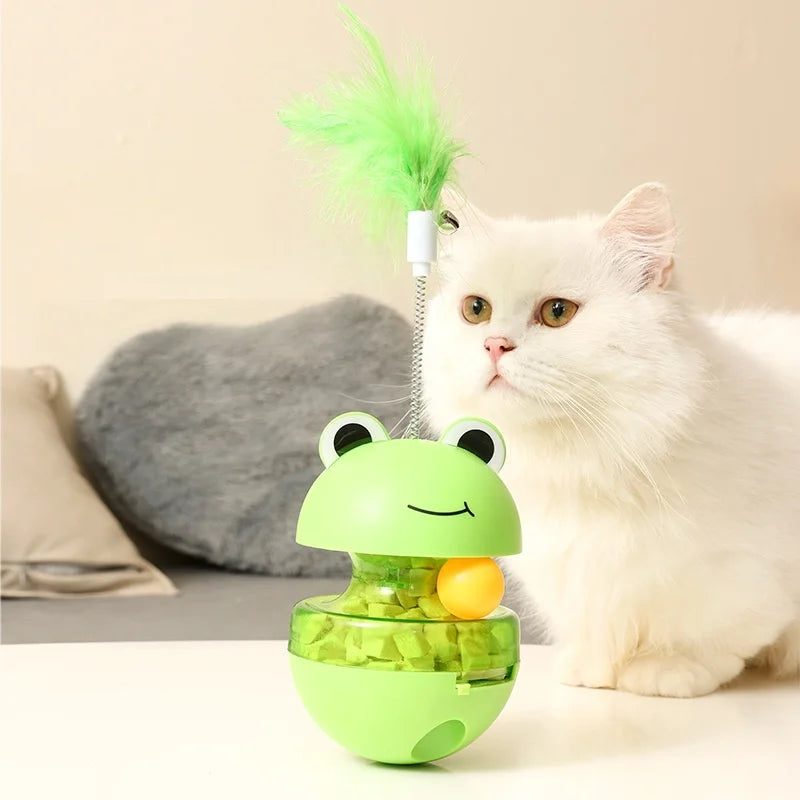 Frog Wobbler Cat Toy with Feather Teaser Spin Tipping Motion Treat Dispenser Self Feeder for Indoor Solo Play