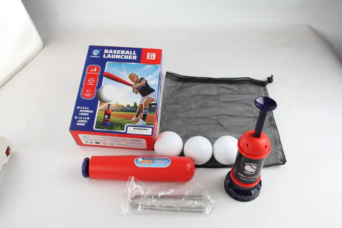 Boys Baseball Pitching Machine Toys Set with Carry Bag Ground Pegs Soft Baseball Outdoor Sports Games Training Toy Kids Gift