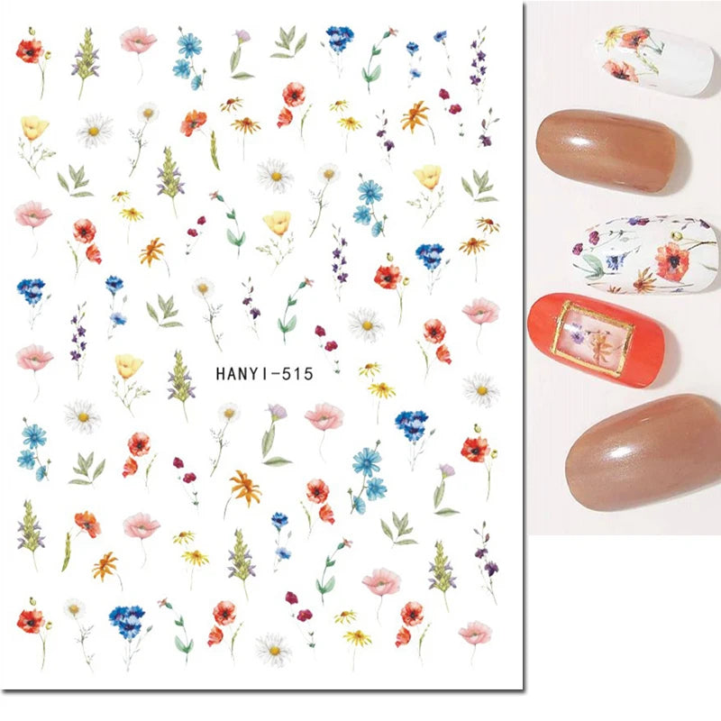 3d Nail Art Decals Watercolor Florals Purple Green Pink Flowers Leafs Fruit Adhesive Sliders Nail Stickers For Manicure