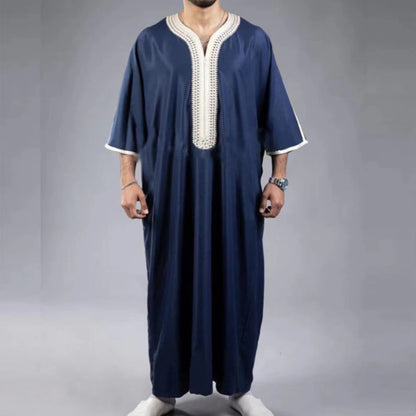 Summer 2025 Kaftan Muslim Men's Short Sleeve Embroidered Loose Casual Robe Breathable Islamic Abaya for Men