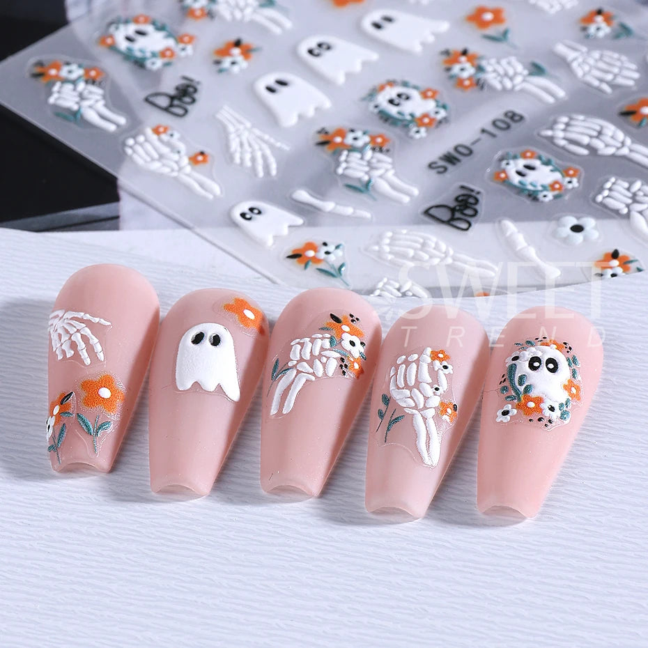 1/3pcs 3D Halloween Nail Stickers Pumpkin Ghost Spider Skull Design Bow  Flower Cute Cat Adhesive Slider Decals Manicure Decor