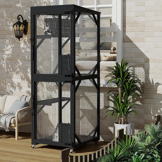 Garvee Black Walk-In Large Wooden Outdoor Catio Enclosure with 4 Lockable Rolling Wheels, Weatherproof Patio Cat House with Independent Rest Box, Spacious Garden Yard Cat Kennel for Multiple Cats