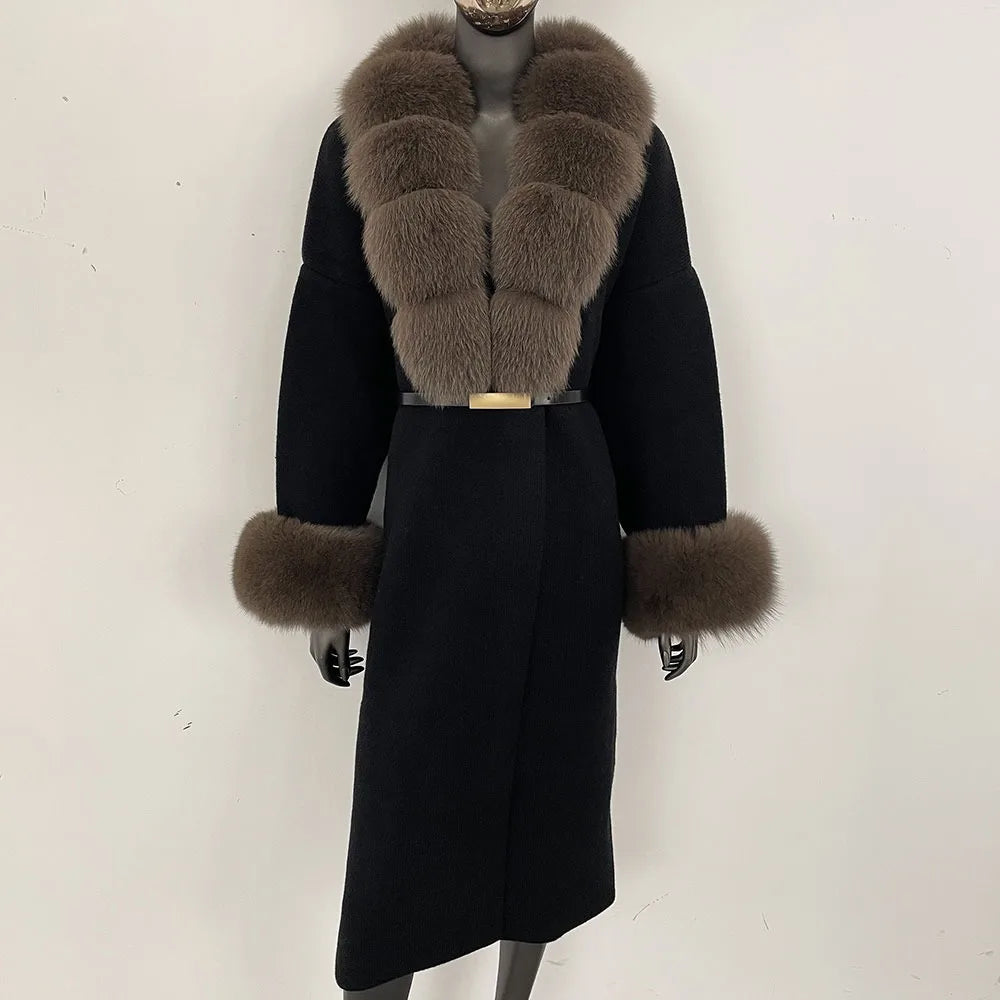 Long Knitwear Coat Women Warm Belt Real Fox Fur Jacket Female 2024 New Autumn Winter Kintted Natural Fur Coat Women