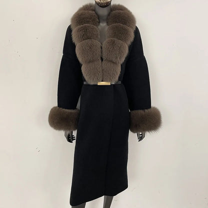 Long Knitwear Coat Women Warm Belt Real Fox Fur Jacket Female 2024 New Autumn Winter Kintted Natural Fur Coat Women