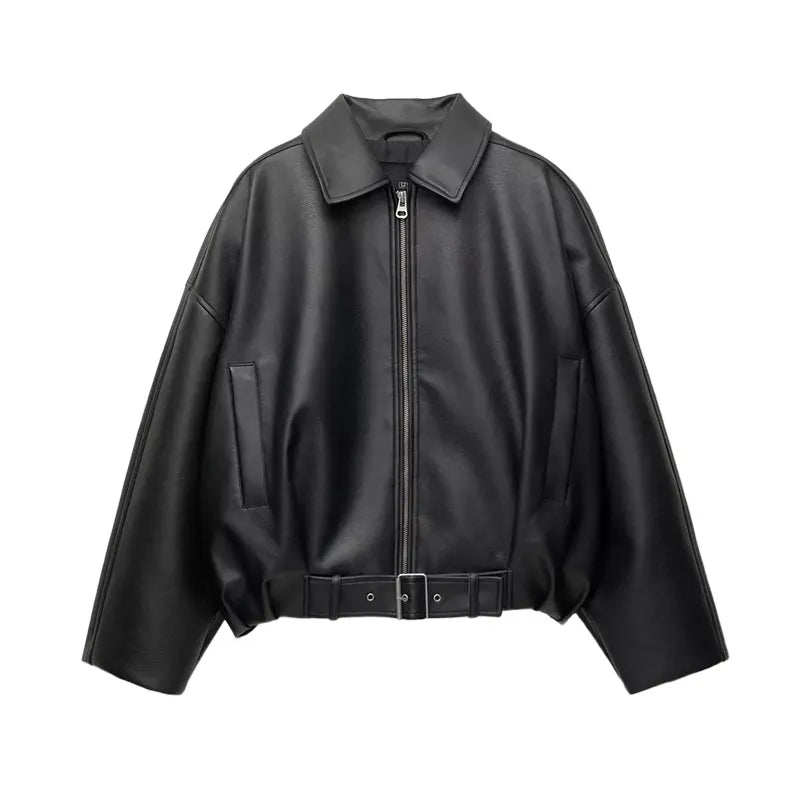 Street Women's Belt Leather Jackets Loose Lapel Zipper Long Sleeve Pockets Female Coats 2026 Autumn Lady Fashion Y2k Outwear