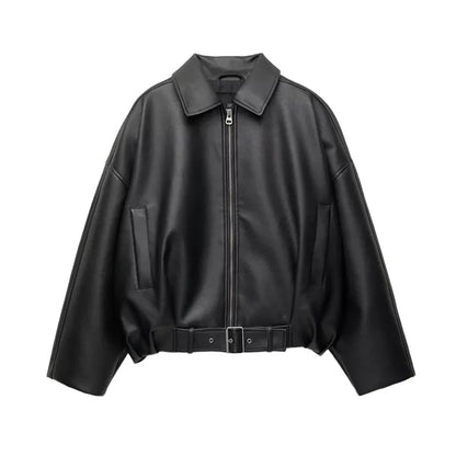 Street Women's Belt Leather Jackets Loose Lapel Zipper Long Sleeve Pockets Female Coats 2026 Autumn Lady Fashion Y2k Outwear