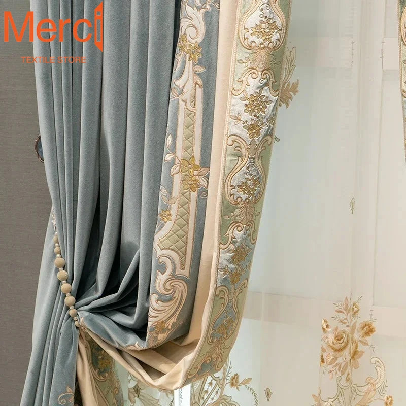 European Embroidered Thickened Blackout Blue Velvet Curtains for Living Room Bedroom Blackout  Lace Luxury Valance Tulle Custom