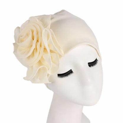 Fashion Women Big Flower Turban Hat Solid Color Elastic Cloth Head Cap Muslim Head Wraps Caps Lady Bandana Hair Accessories