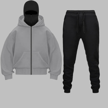 2025 Autumn Winter Men Zippered Hooded Sweatshirt Set - Balakrava Street Fashion Windproof Ninja Letter Design Two-Piece Set