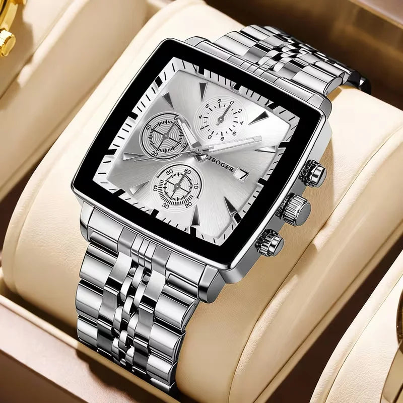 Luxury Square Dial Men Quartz Wristwatch Fashion Stainless Steel Man Business Watches With Calendar Reloj Hombre (Without Box)