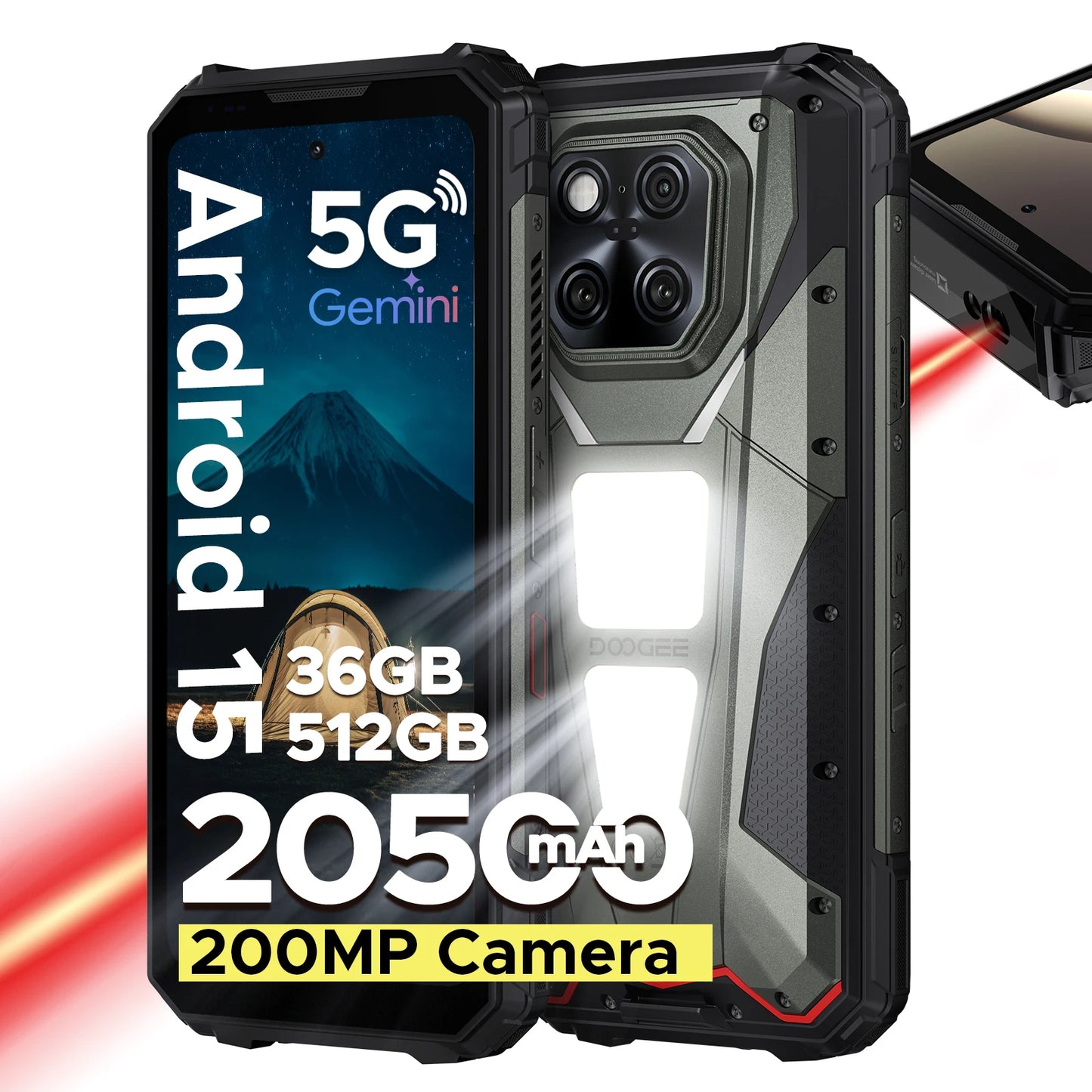 DOOGEE V Max LR 5G Rugged Phone Laser Rangefinder Dual Camping Lights 16GB 512GB ROM 6.78'' Display 20500mAh Battery Smartphone