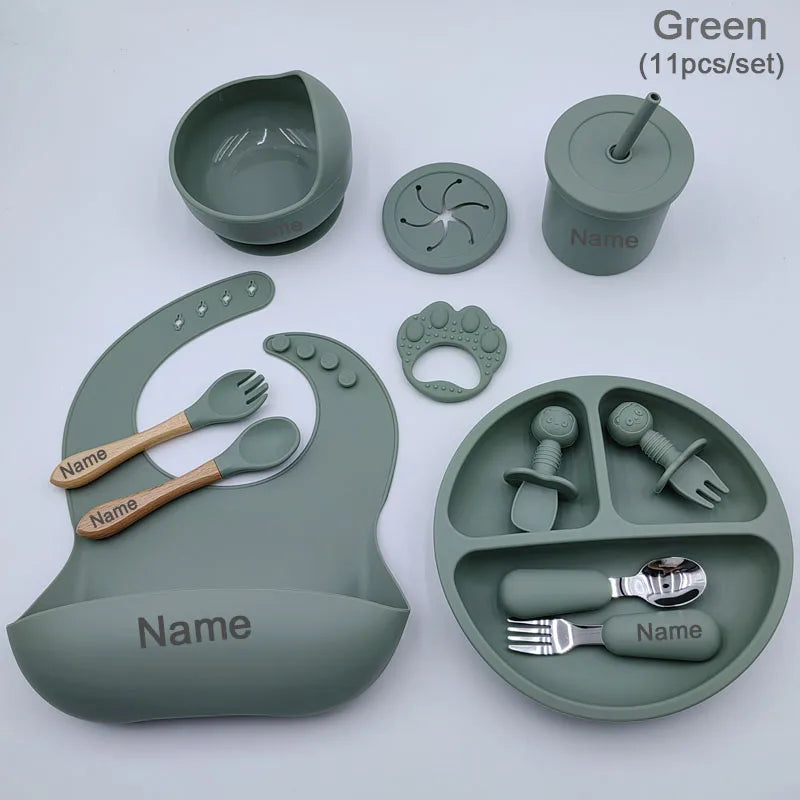 11Pcs Silicone Feeding Sets For Baby Personalized Name Children's Tableware Suction Cup Plates Bowl Spoon Feeding Cups BPA Free