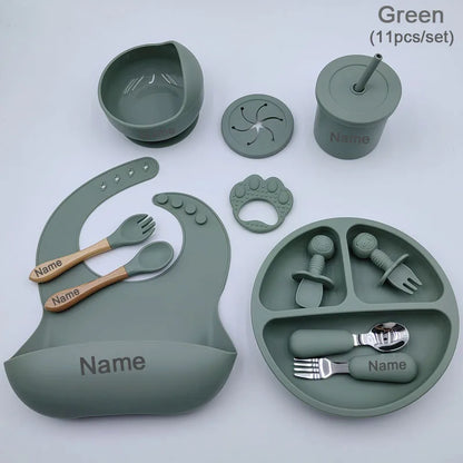 11Pcs Silicone Feeding Sets For Baby Personalized Name Children's Tableware Suction Cup Plates Bowl Spoon Feeding Cups BPA Free