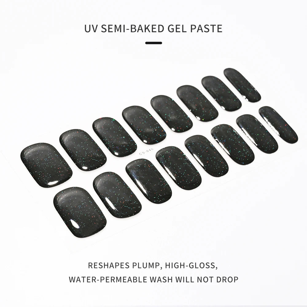 16Tips UV Semi-Cured Gel Nail Wraps Sticker 5D Pure Color Full Cover UV Lamp Gel Sticker Long-Lasting Nail Extension Patch Strip