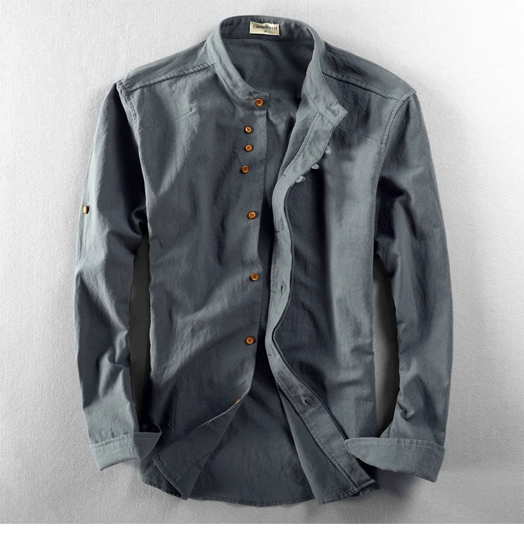 Japan Style Mens Linen Cotton Shirt Harajuku Stand Collar Long Sleeve Slim Fit Solid Color Male Casual Breathable Classical Tops
