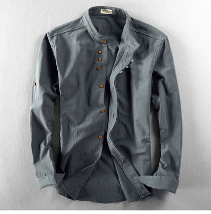 Japan Style Mens Linen Cotton Shirt Harajuku Stand Collar Long Sleeve Slim Fit Solid Color Male Casual Breathable Classical Tops