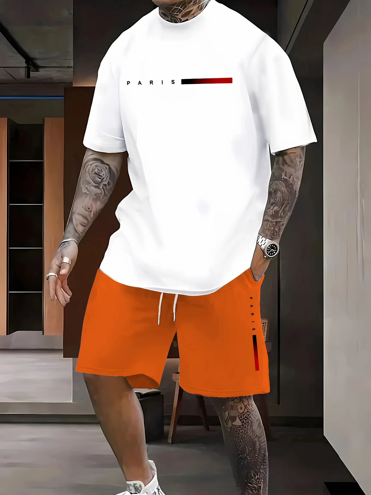 Summer Casual Men's T-Shirt and Shorts Set 2026 Sportswear Set Plus Size Short-Sleeve T-Shirt Drawstring Pocket Shorts Set