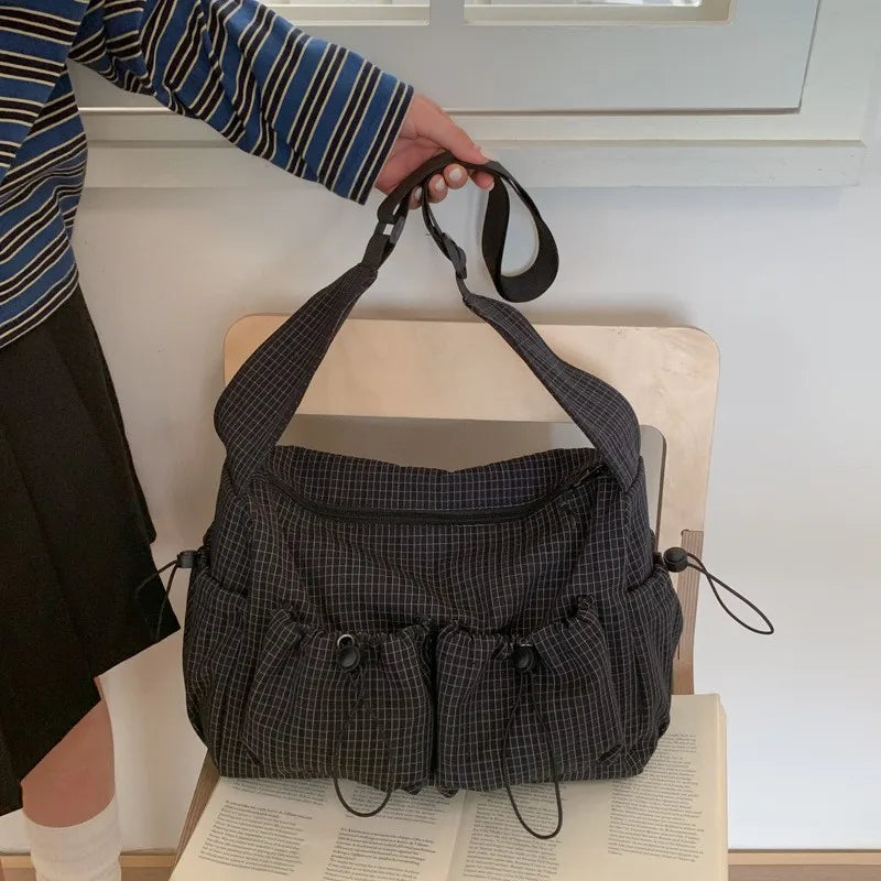 Korean Nylon Shoulder Bag Fashion Simple Plaid Zipper Tote Bag Drawstring Pleated Cloud Bag New Commuter Crossbody Shoulder Bag