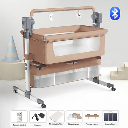 Electric Baby Crib Bassinet Cradle Bluetooth Music Timer with Automatic Swing Remote Control Foldable Design Breathable Mesh Sides Soft Mattress Stable Frame Safe Sleeping Bed for Newborn Infant Home Use and Travel Comfort Ba