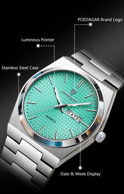 POEDAGAR Top Business Man Watch Luminous Waterproof Stainless Steel Men Wristwatch Date Week Quartz Fashion Casual Men's Watches