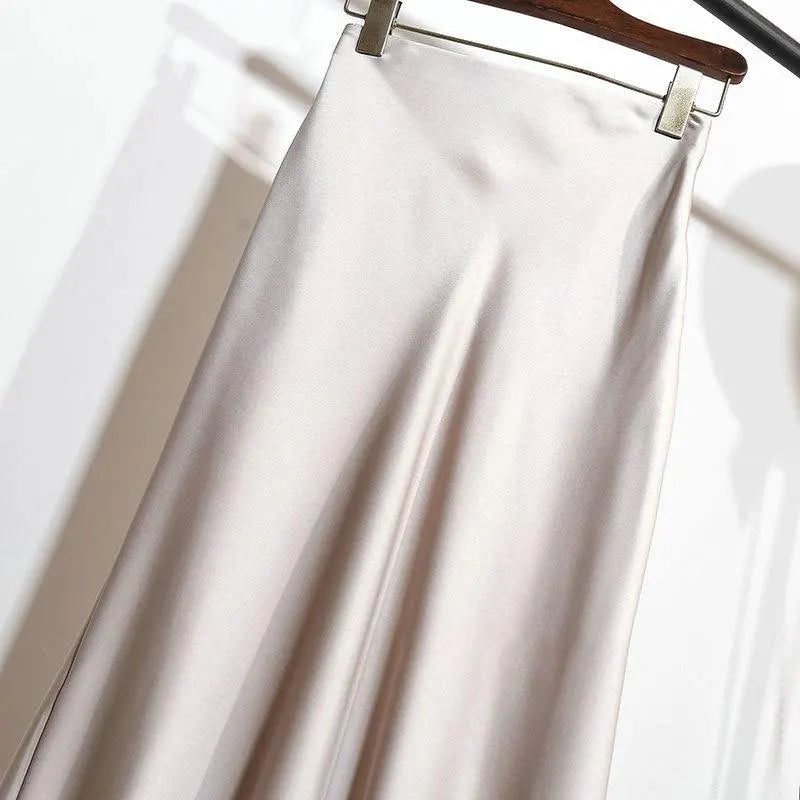 Botvotee Elegant Satin Long Skirt for Women Spring Summer 2025 Office Ladies Korean Style Loose Elastic Band Midi Skirts