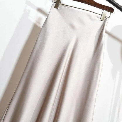 Botvotee Elegant Satin Long Skirt for Women Spring Summer 2025 Office Ladies Korean Style Loose Elastic Band Midi Skirts