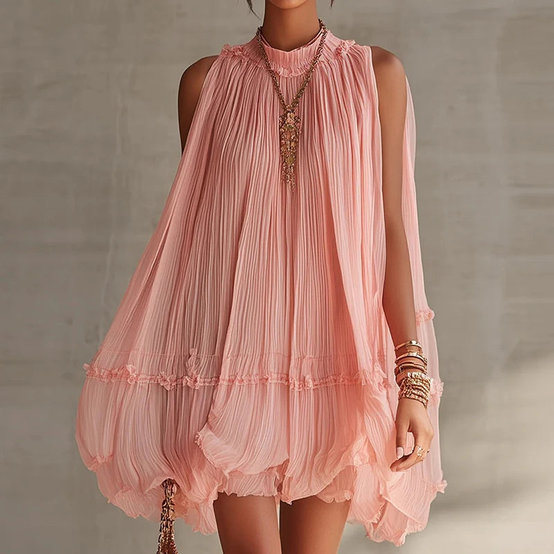 2026 Women Solid O-Neck Princess Party Dress Spring Summer Sexy Sleeveless Ladies Loose Ruched Dresses Streetwear Dropshipping