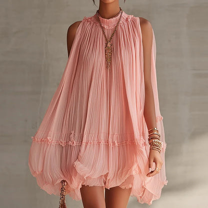 2026 Women Solid O-Neck Princess Party Dress Spring Summer Sexy Sleeveless Ladies Loose Ruched Dresses Streetwear Dropshipping