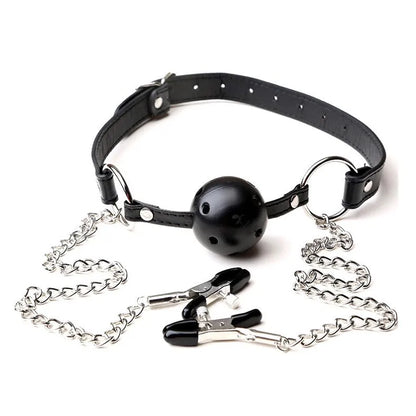 Erotic Toy PU Leather Mouth Gag Ball Oral Sex With Chain Clip Breast Nipple Clamps Bondage Harness Sex Toys Adult Games