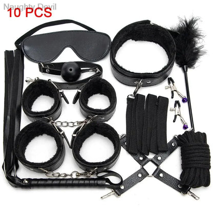 Erotic Bdsm Set Sexy Leather Plush Sex Toys Bondage Kit Handcuffs Feather Blindfold Flirt Exotic Accessories Couples Adult Games