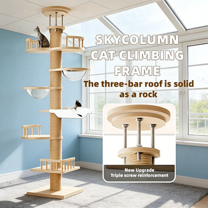 1PC Floor-to-Ceiling Sisal Cat Tree, Multi-Level Design with Hammock, Space Capsule & Observation Perch, Indoor Cat Toy