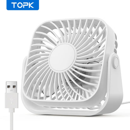 TOPK 4 colių USB mini nešiojamasis ventiliatorius stovyklavimui, 3 greičių tylus stalinis asmeninis ventiliatorius, 360° reguliuojamas pastatomas ventiliatorius kambariui, namams