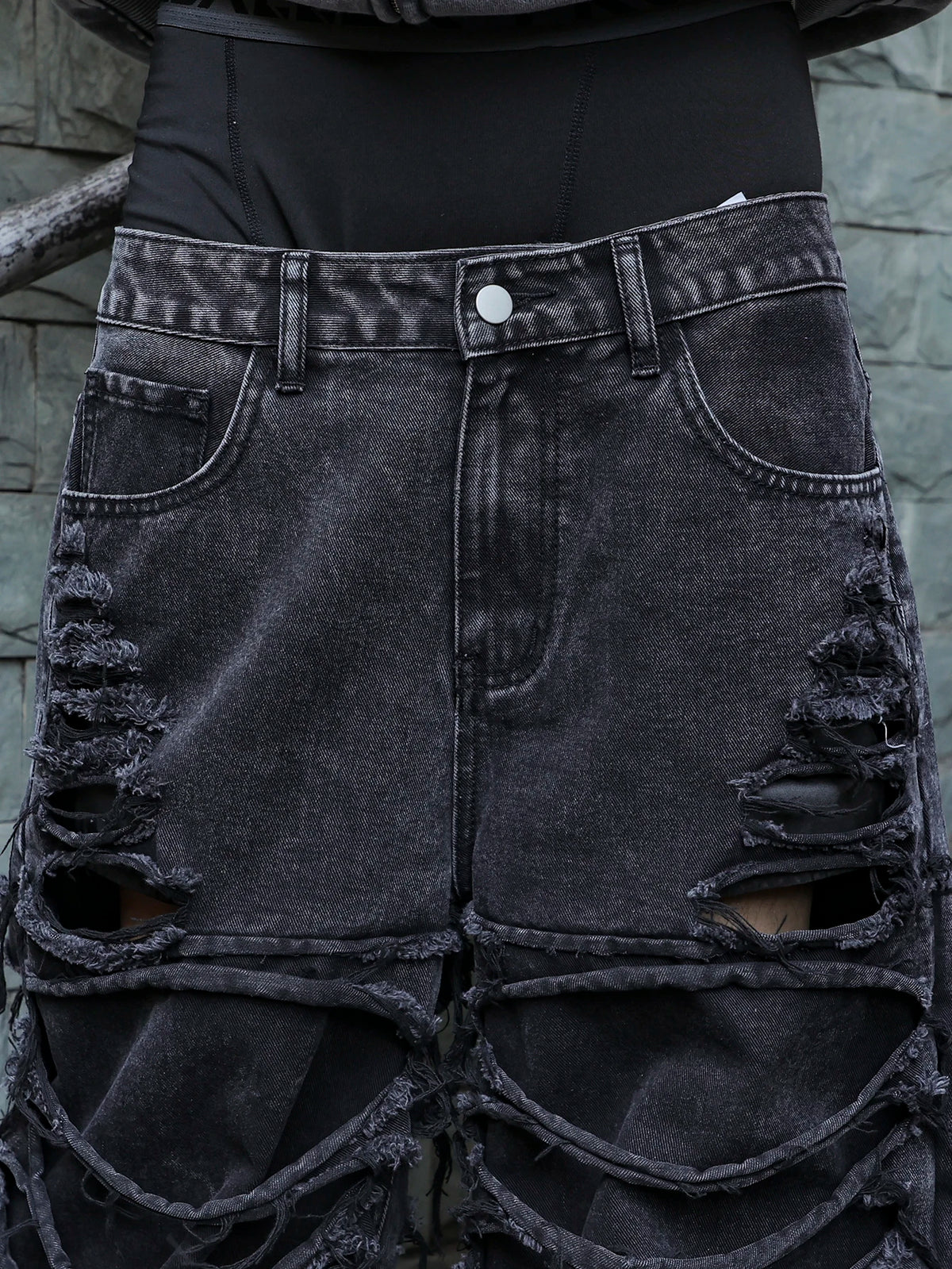 Men's Black Jeans. With a Design of (Ripped Holes) and Tassels. In a Street Trend Style.