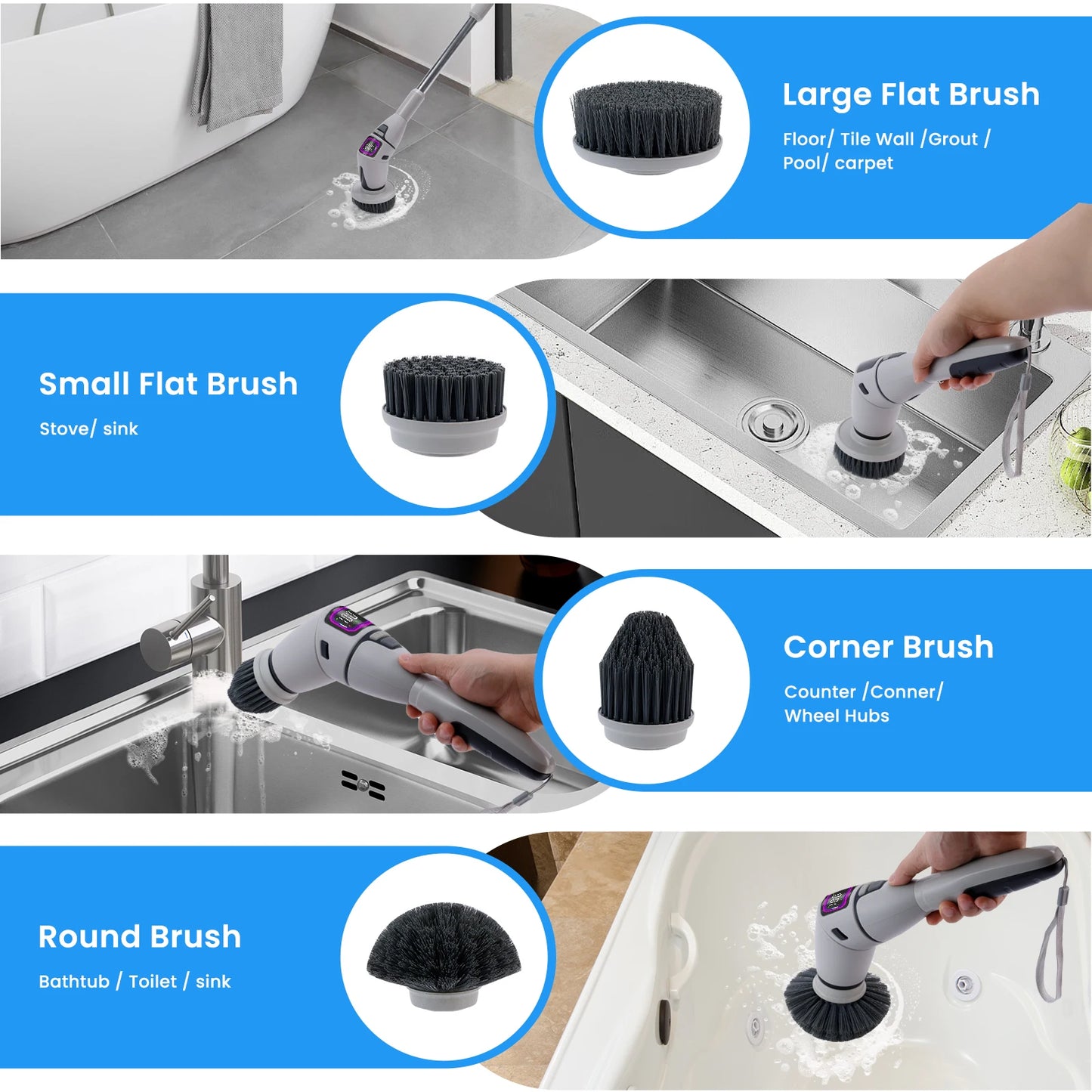 Rechargeable Electric Spin Scrubber, 3 Speed Settings, with Extendable Handle and Voice Prompts, for Whole House Clean