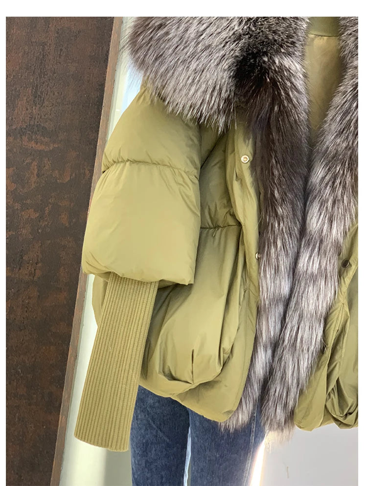 Oversized Winter Warm Real Fox Fur Collar Black Down Coat Women Puffer Outerwear Jackets 2024 Autumn Winter