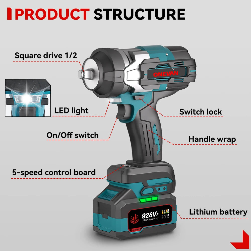 ONEVAN 2800N.M Brushless Cordless Electric Impact Wrench High Torque Screwdriver Drill Power Tool For Makita 18V Battery Pin