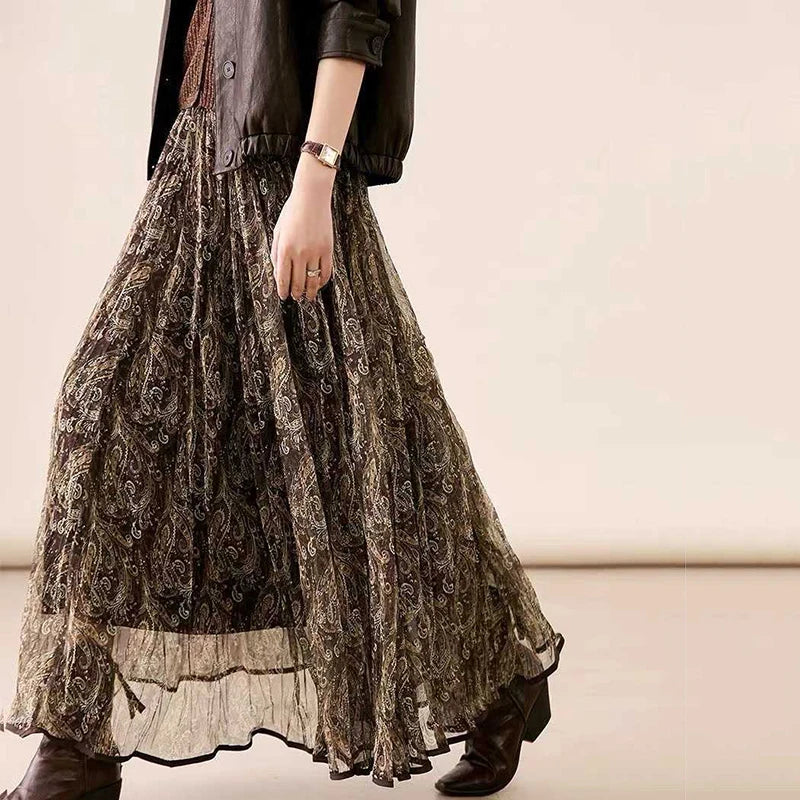 High Waisted Printed Vintage Long Skirts Women Korean Loose Pleated A Line Mesh Skirt Woman Big Hem Mid Length Tulle Skirts