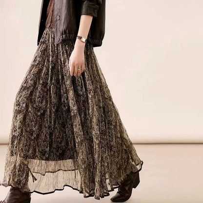 High Waisted Printed Vintage Long Skirts Women Korean Loose Pleated A Line Mesh Skirt Woman Big Hem Mid Length Tulle Skirts