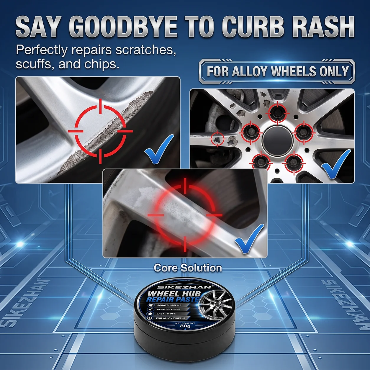 Car Wheel Hub Repair Paste, Scratch & Oxidation Remover, Color Restorer & Polish Wax Cleaner for Alloy Chrome Rims & Tires (80g)