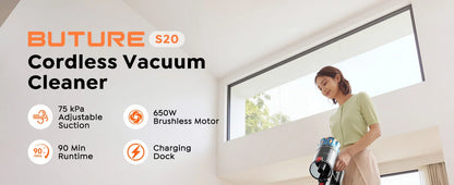BUTURE S20 Cordless Vacuum Cleaner, 75KPa 650W Powerful Suction, 90 Min Runtime, Freestanding Charging Dock, Removable Battery, Smart Display Stick Vacuum for Pet Hair, Carpets and Hard Floors