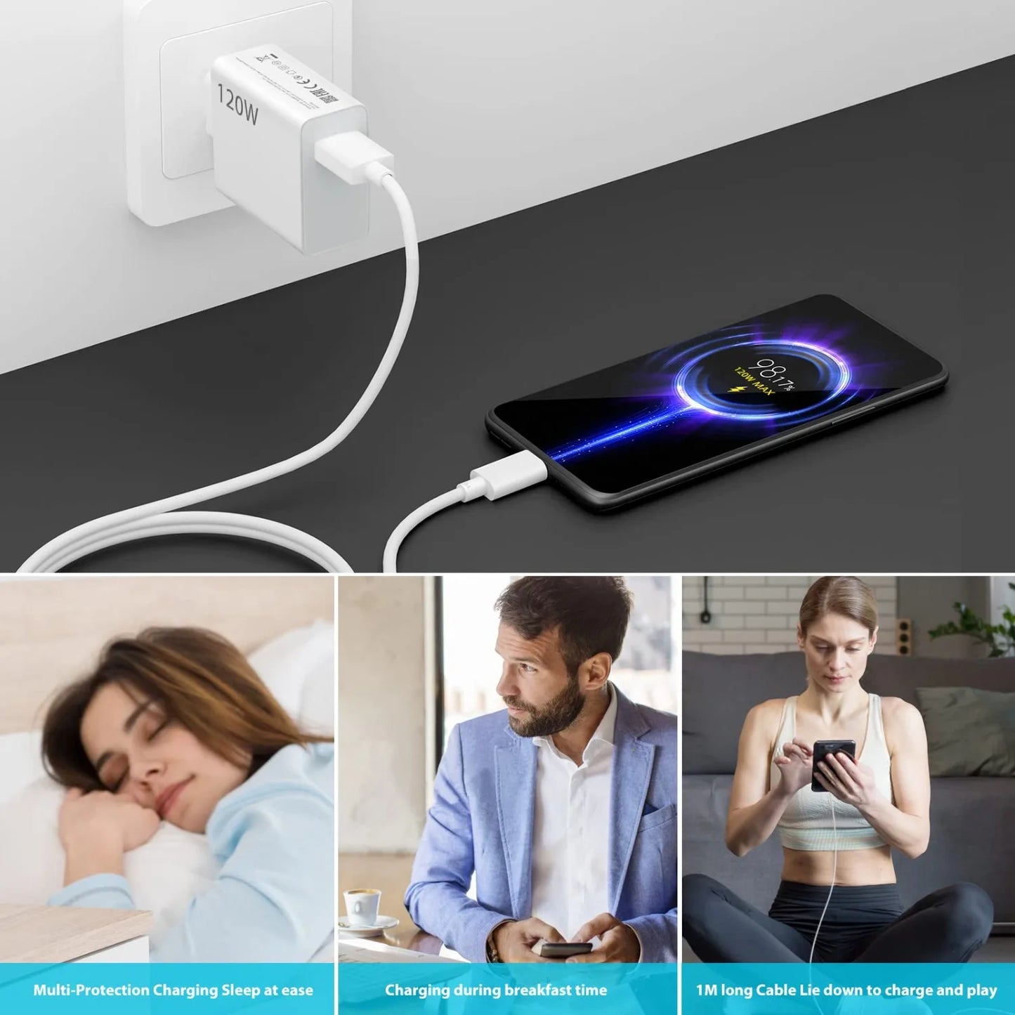 120W Charger For Xiaomi 14T 13T 13 12T 11T Pro 13 12 Lite 12X Redmi Note 12 11S 10S 10 9Pro Mi 11 Ultra 11i 10T Lite,Comes with a 1-meter Type-C charging cable
