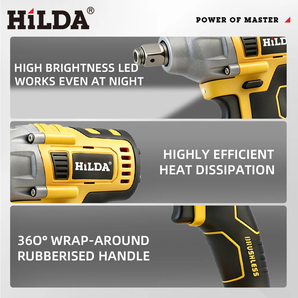 HILDA 1/2" Brushless Impact Wrench 1200N.m High Torque Electric Wrench Power Tool for Scaffolding Tire Repair For Makita Battery
