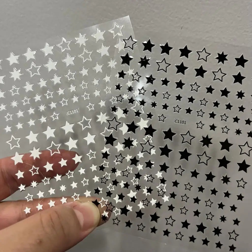 Black White Star 3D Nail Art Sticker Y2K Pentagram Self-Adhesive Decals Laser Shiny Glitters Starlight Manicure Ornaments Slider