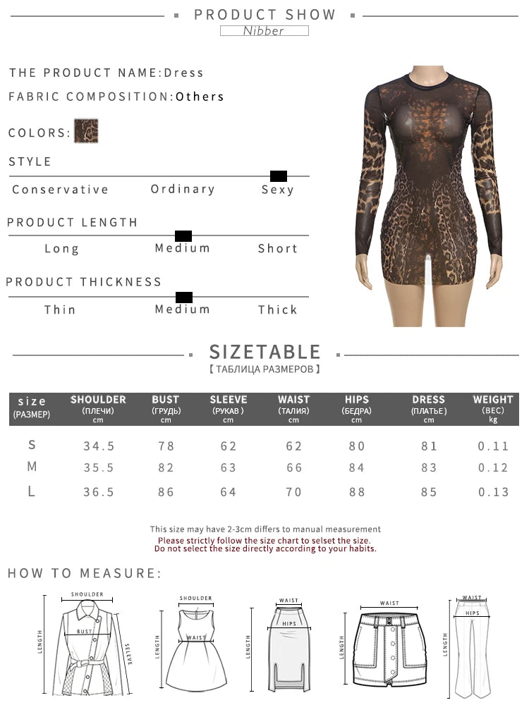 Nibber See Through Dress Women Sexy Coquette Leopard Print Full Sleeve o-Neck Stretch Wild Mini Bodycon Midnight Party Clubwear